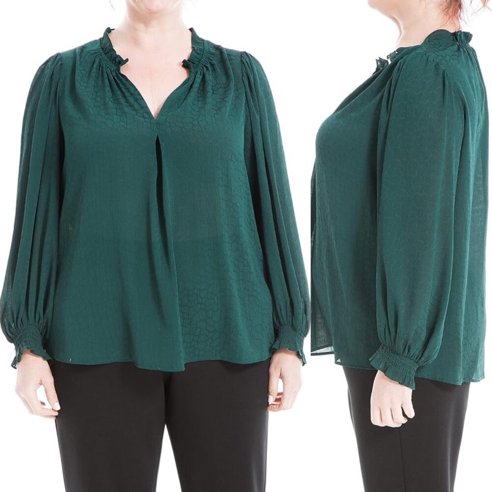 Max Studio | Crepe Long Sleeve Blouse | Emerald Green | Sz 1x | NWT